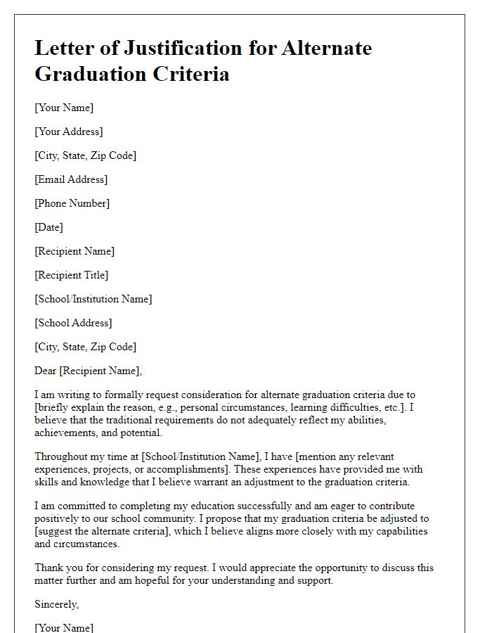 Letter template of justification for alternate graduation criteria