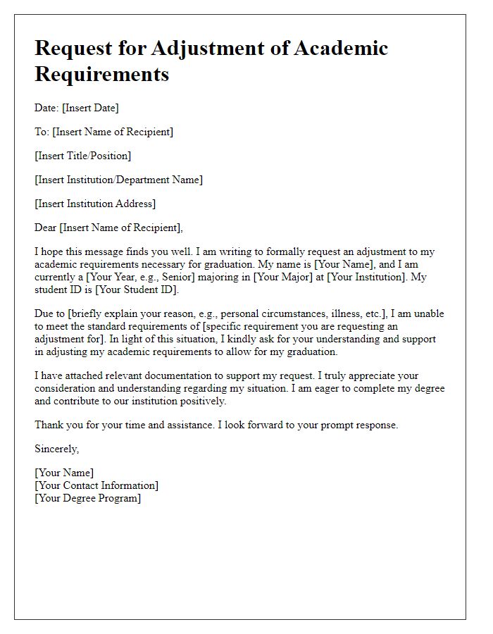 Letter template of request for academic requirement adjustment for graduation