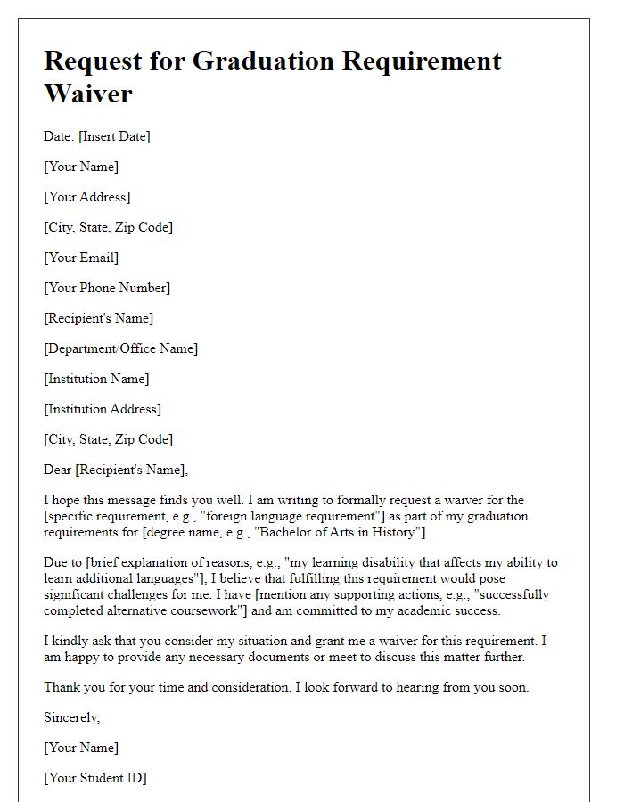 Letter template of request for graduation requirement waiver