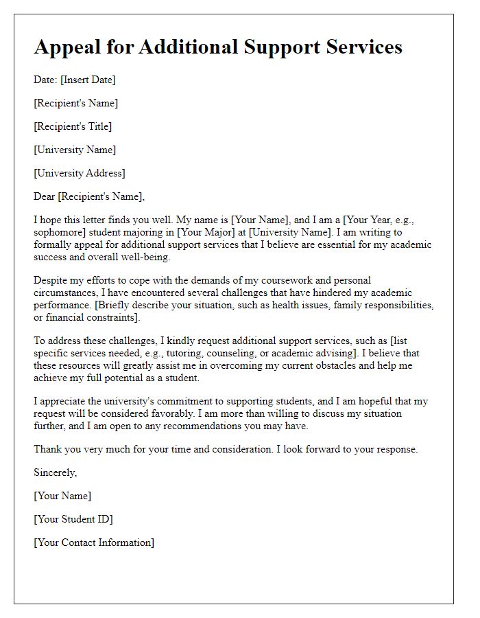 Letter template of appeal for additional support services in university.