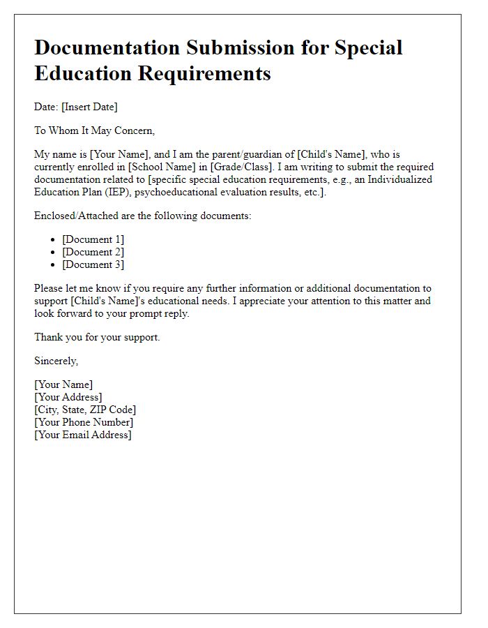 Letter template of documentation submission for special education requirements.