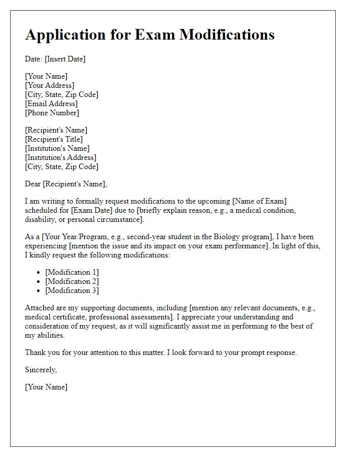 Letter template of formal application for exam modifications.