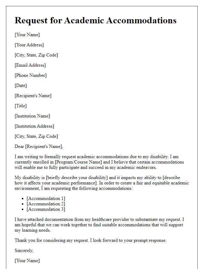 Letter template of request for academic accommodations due to disability.