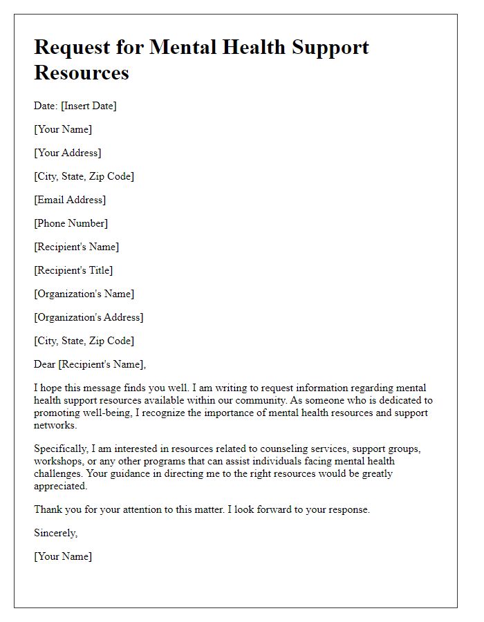 Letter template of request for mental health support resources.