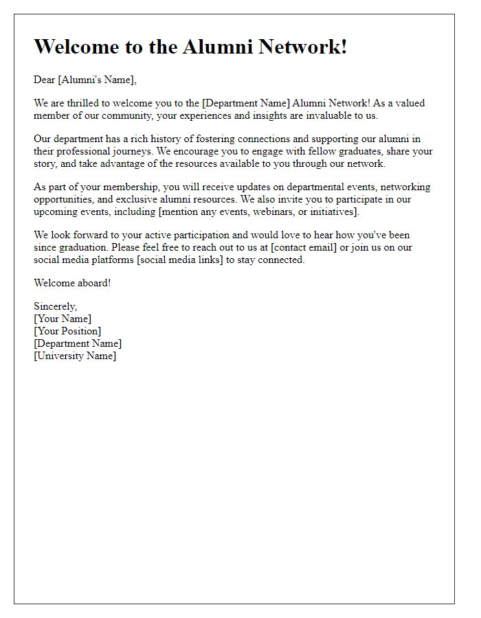 Letter template of departmental welcome for alumni network engagement.