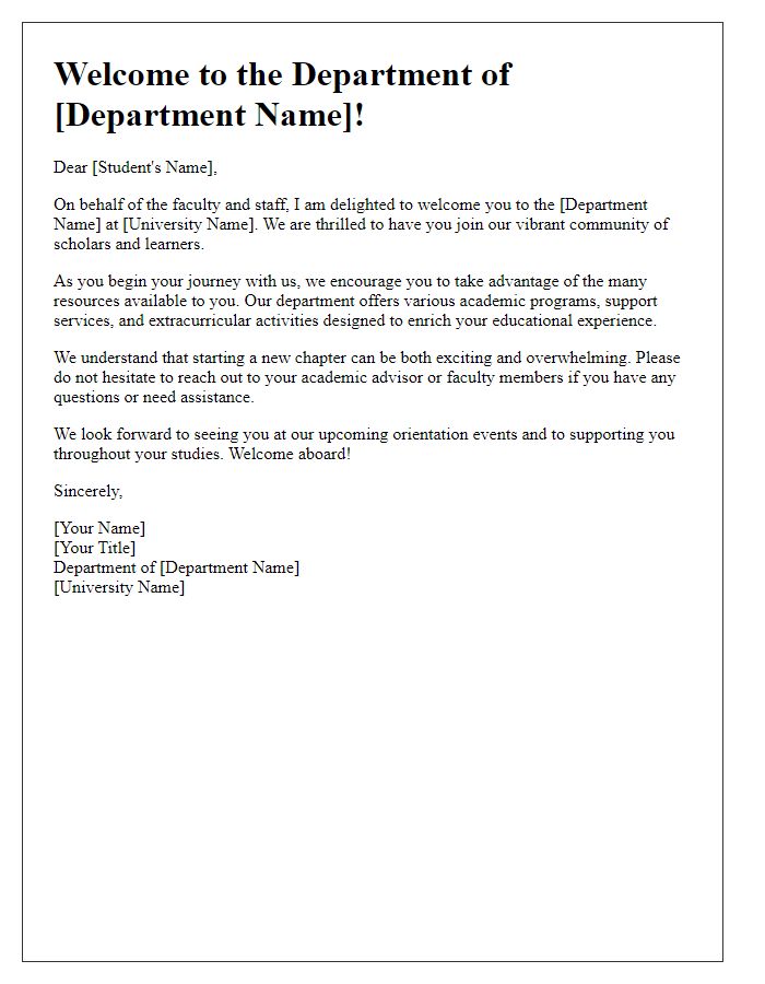 Letter template of departmental welcome for new students.