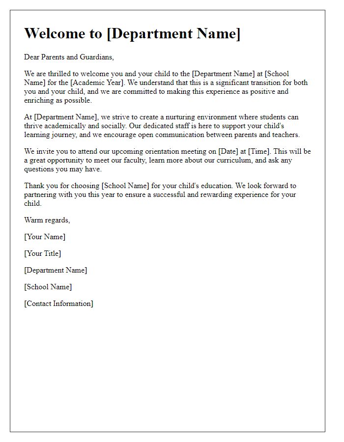 Letter template of departmental welcome for parents of new students.