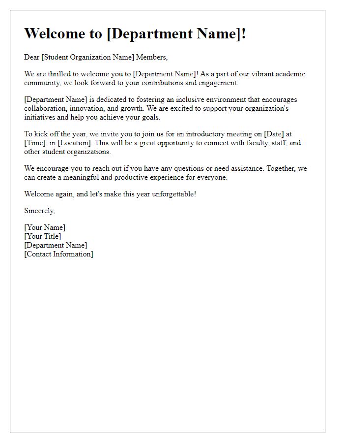 Letter template of departmental welcome for student organizations.