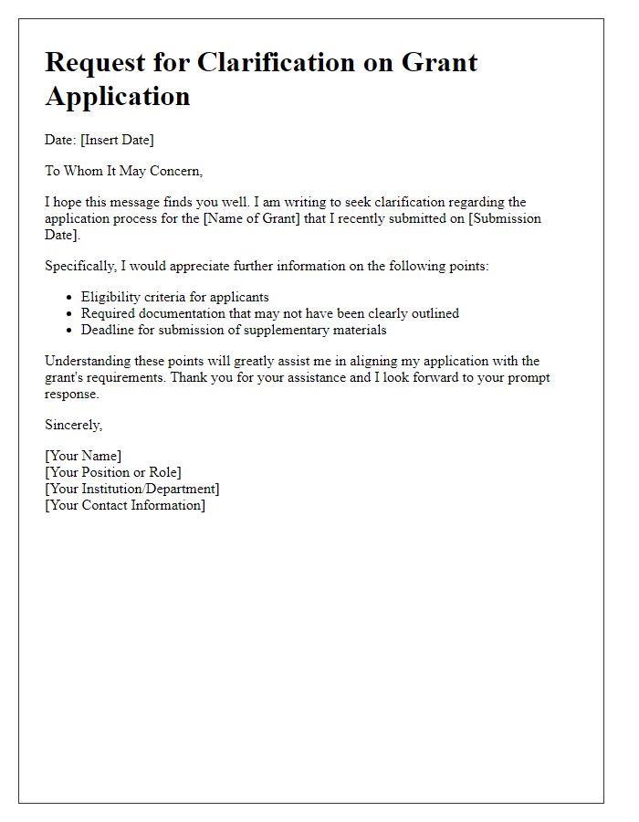 Letter template of clarification needed for university grant applications.