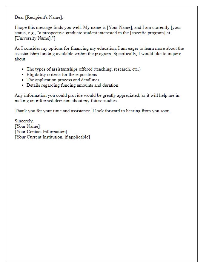 Letter template of inquiry on university assistantship funding details.