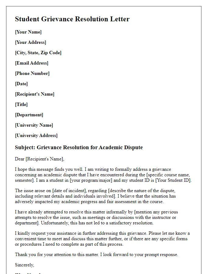 Letter template of university student grievance resolution for academic disputes