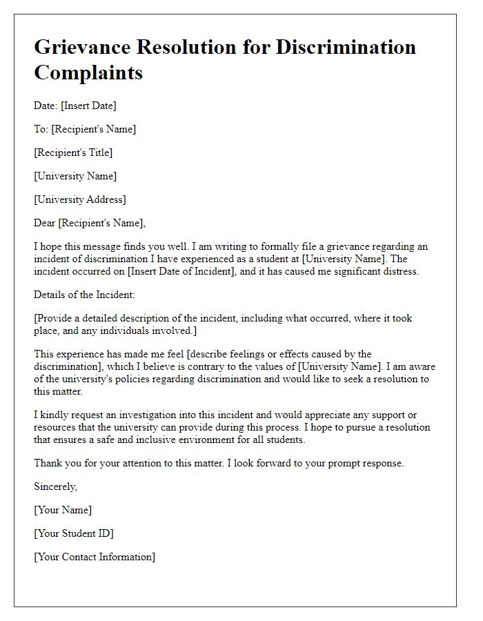 Letter template of university student grievance resolution for discrimination complaints