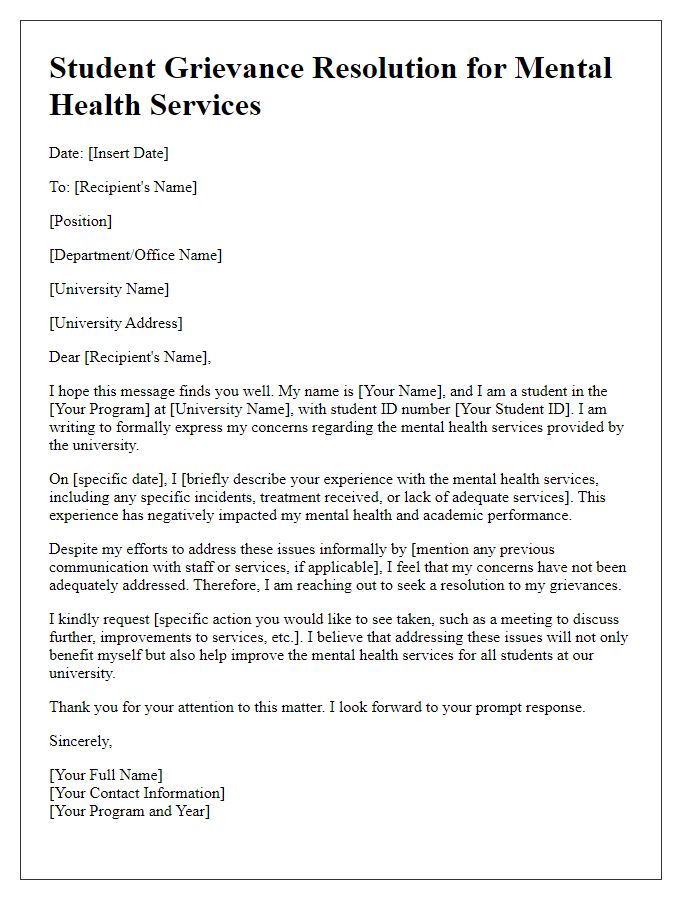 Letter template of university student grievance resolution for mental health services complaints