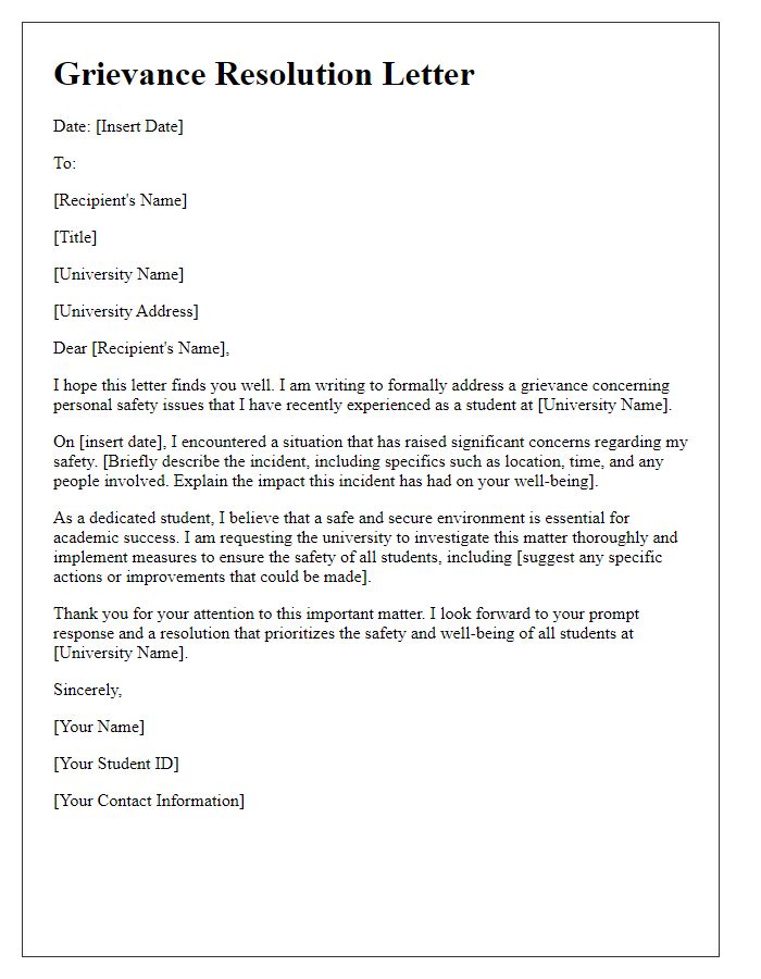 Letter template of university student grievance resolution for personal safety issues