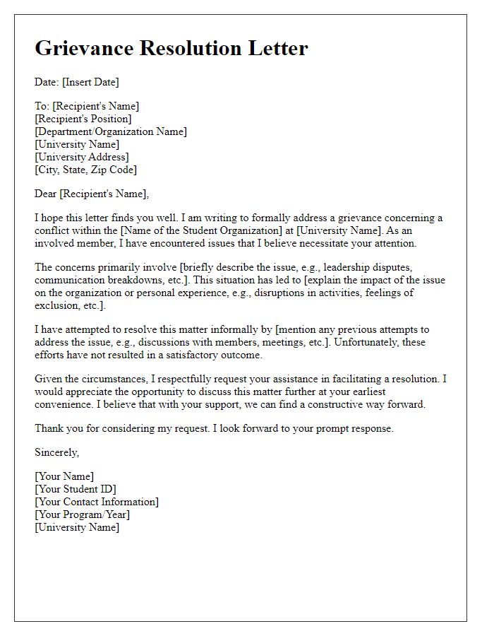 Letter template of university student grievance resolution for student organization conflicts