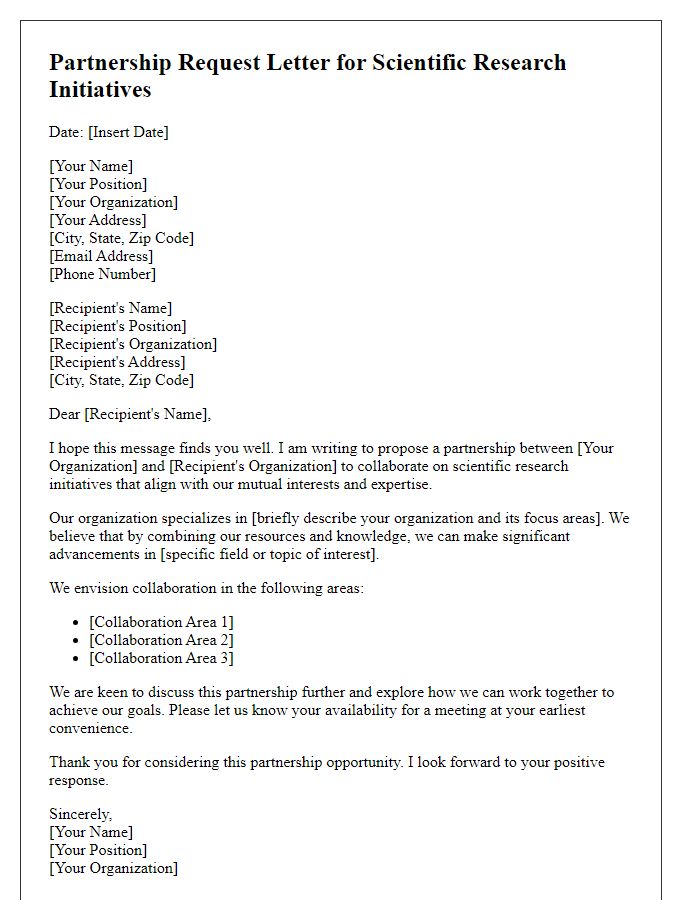 Letter template of partnership request for scientific research initiatives