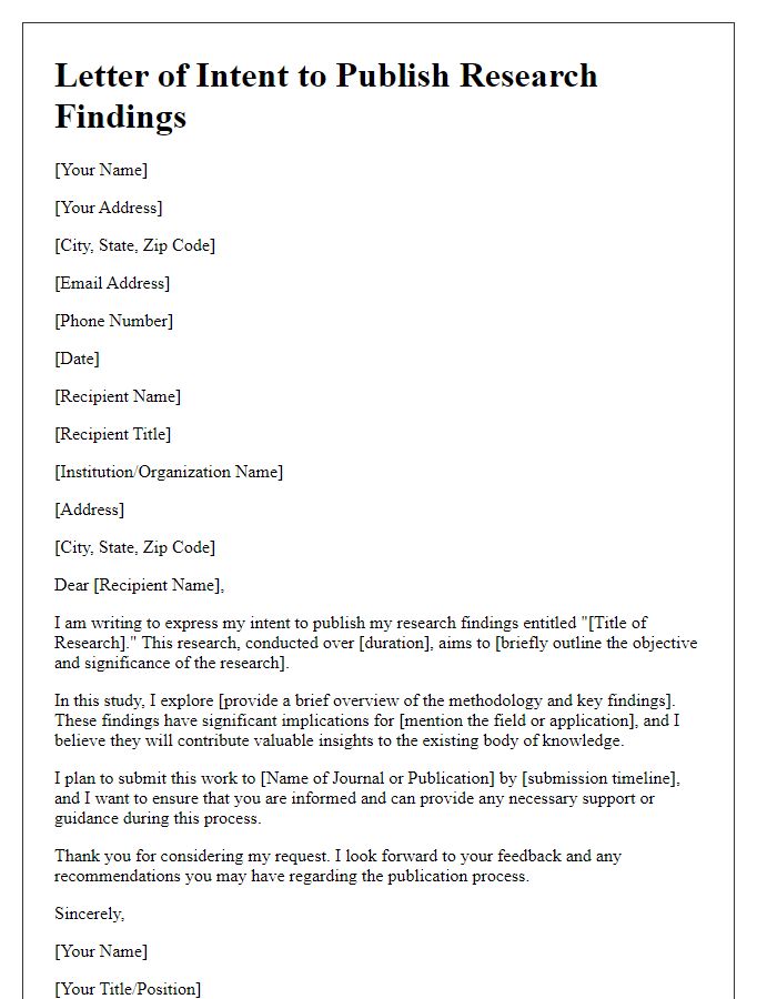 Letter template of intent to publish research findings