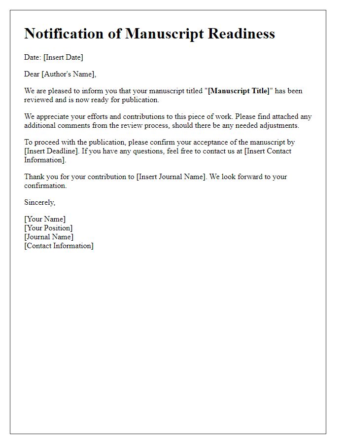 Letter template of notification for manuscript readiness