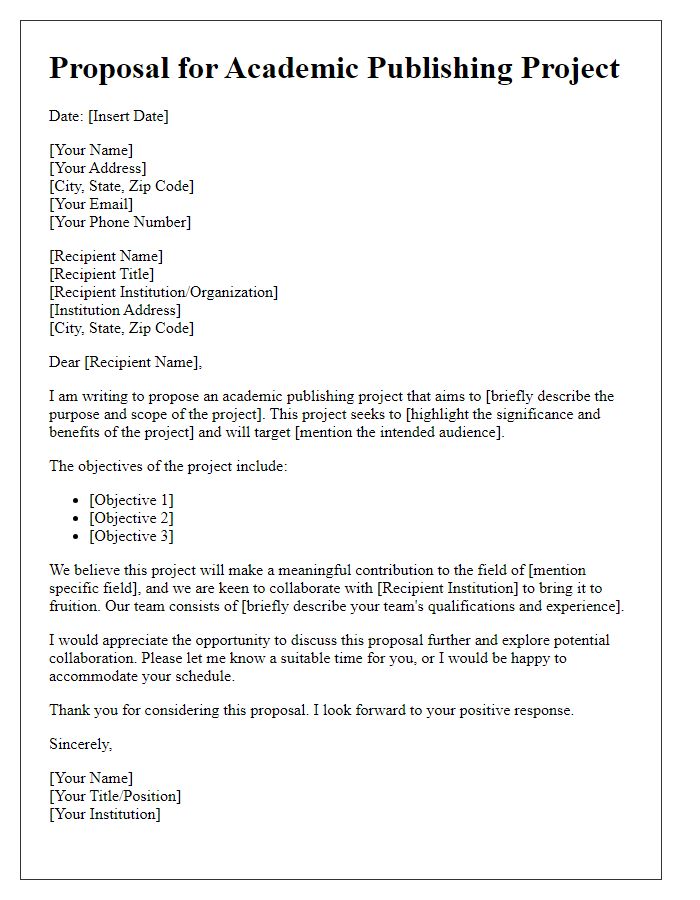 Letter template of proposal for academic publishing project