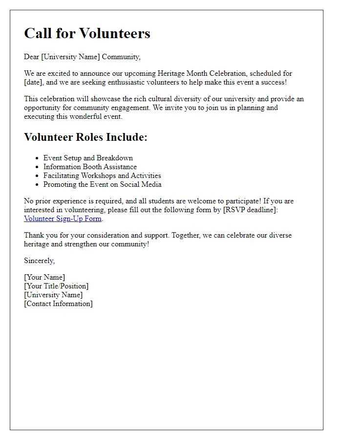 Letter template of call for volunteers for university heritage month celebration