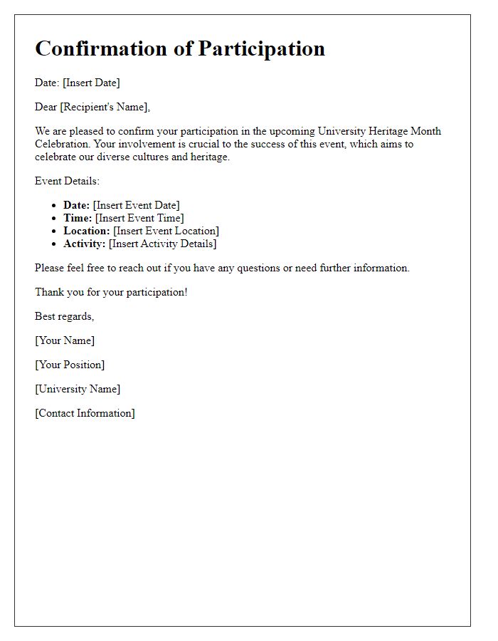 Letter template of participation confirmation for university heritage month celebration