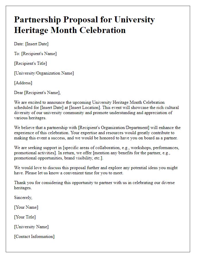 Letter template of partnership proposal for university heritage month celebration