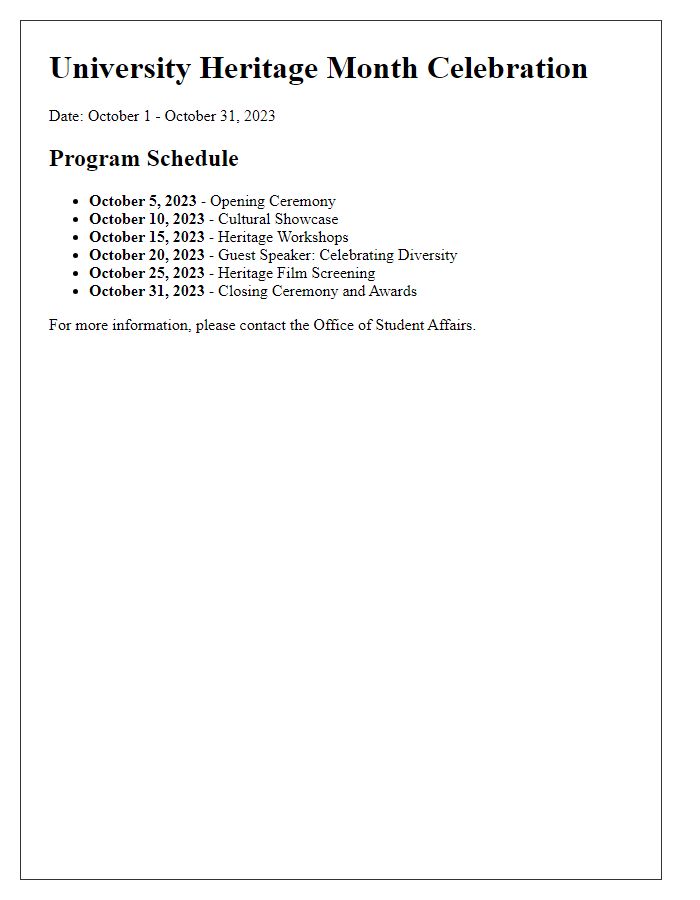 Letter template of program schedule for university heritage month celebration