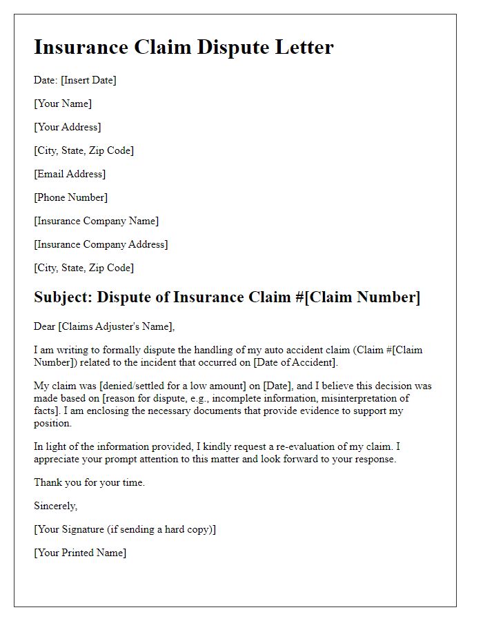 Letter template of insurance claim dispute for auto accident