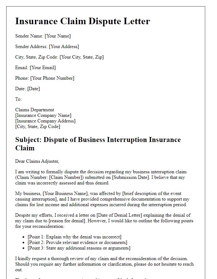 Letter template of insurance claim dispute for business interruption