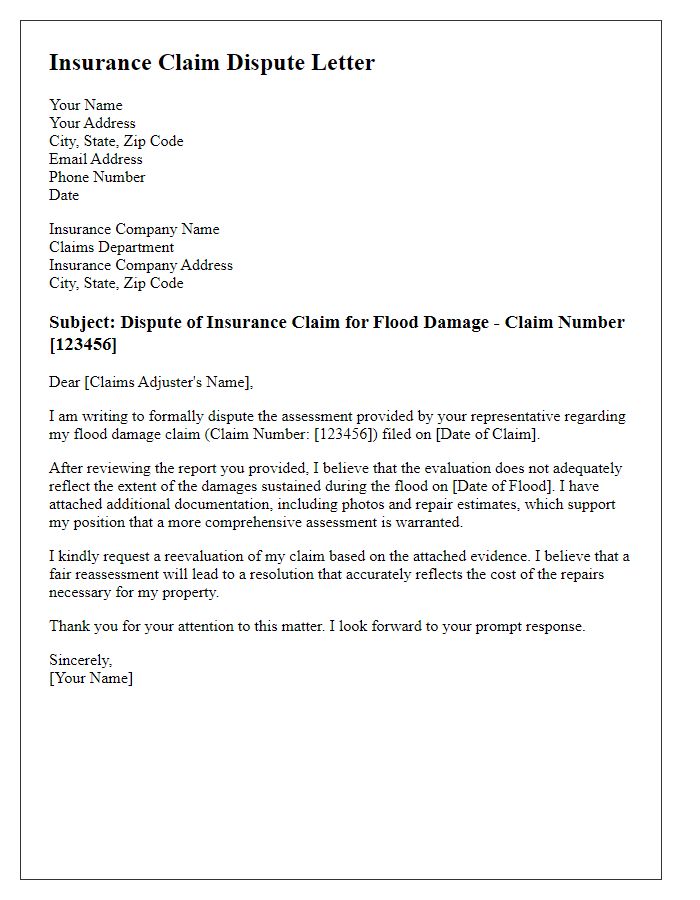 Letter template of insurance claim dispute for flood damage assessment