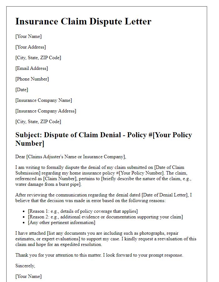 Letter template of insurance claim dispute for home insurance policy