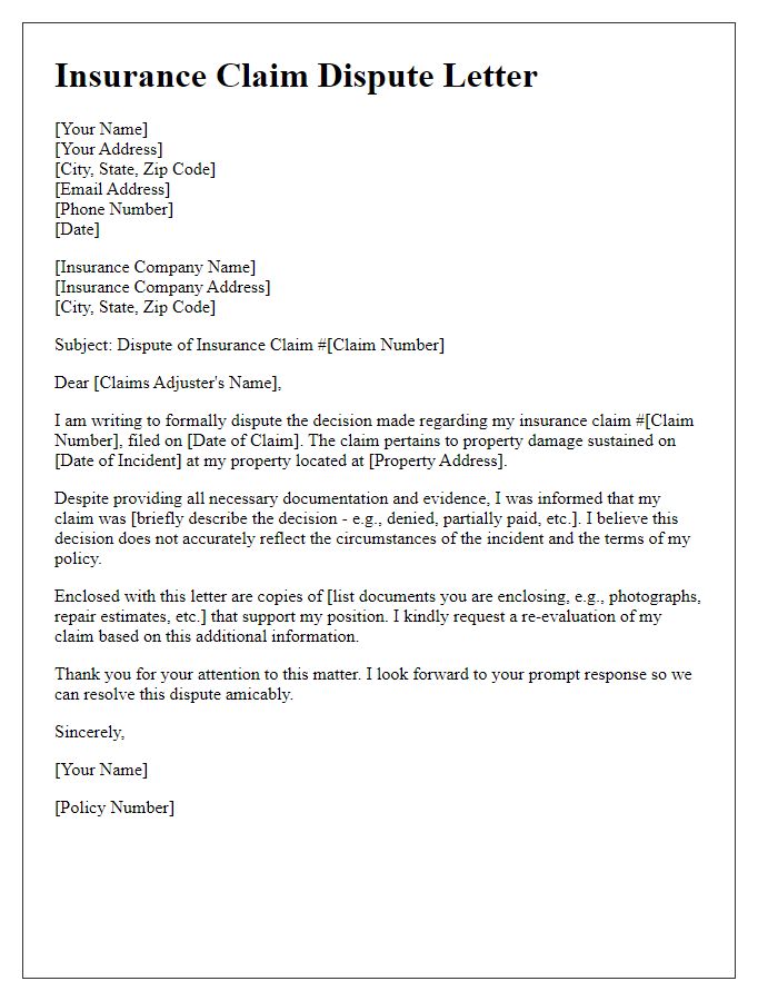 Letter template of insurance claim dispute for property damage