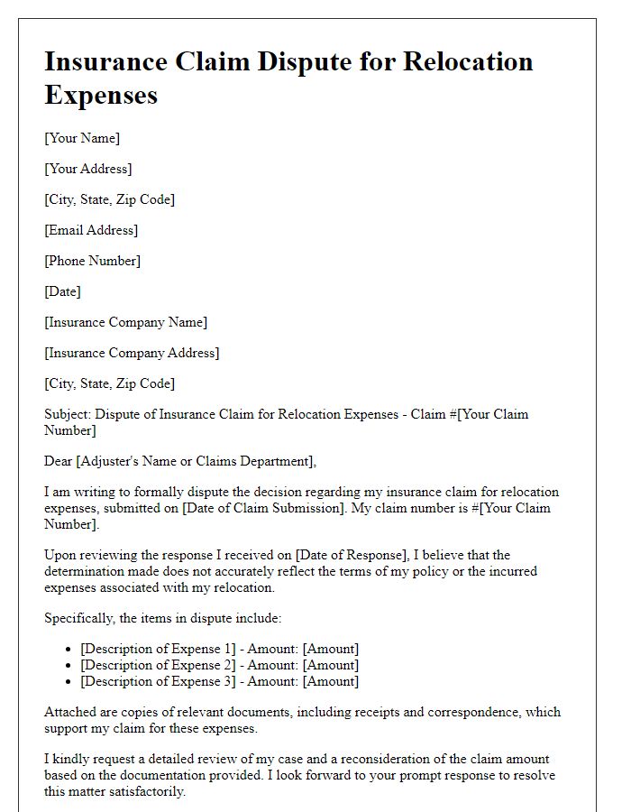 Letter template of insurance claim dispute for relocation expenses