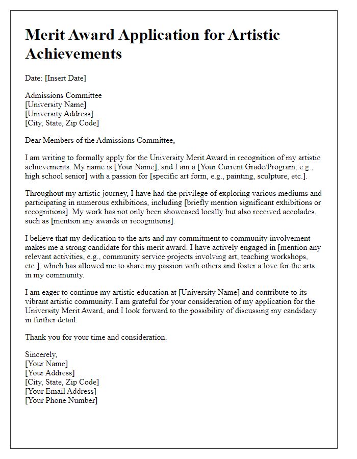 Letter template of university merit award application for artistic achievements.