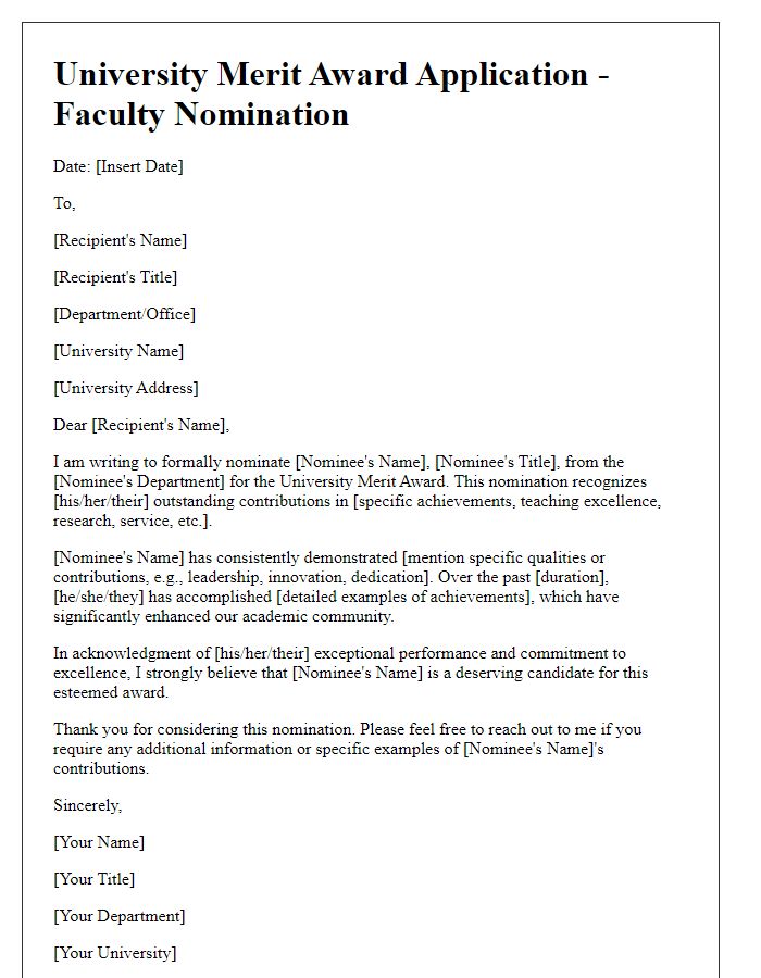 Letter template of university merit award application for faculty nominations.