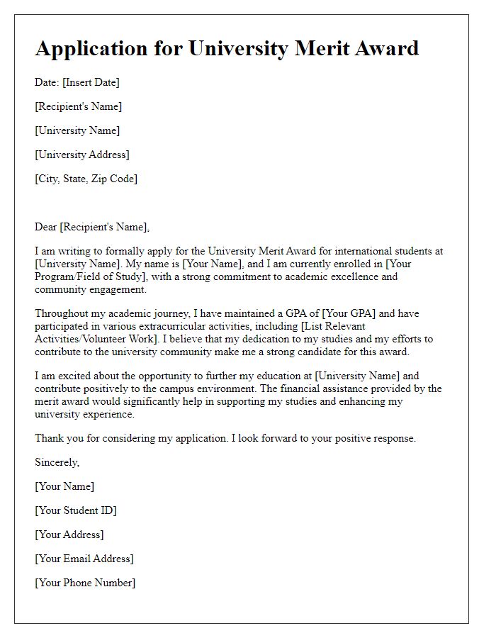 Letter template of university merit award application for international students.