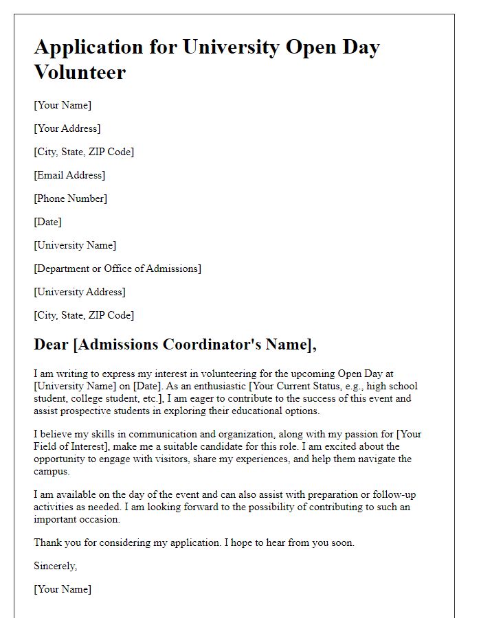 Letter template of application for university open day volunteer