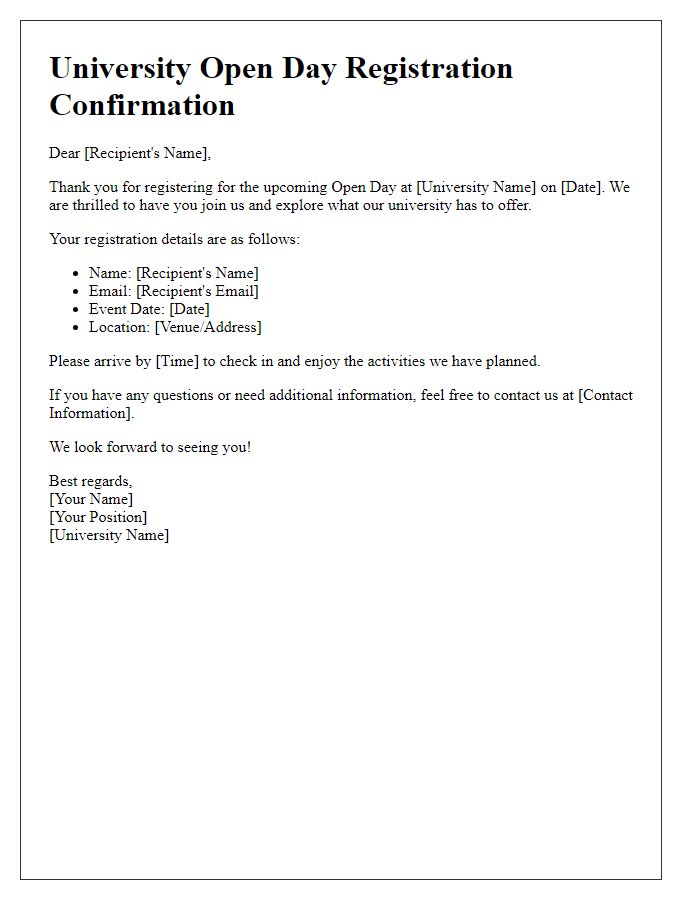 Letter template of confirmation for university open day registration