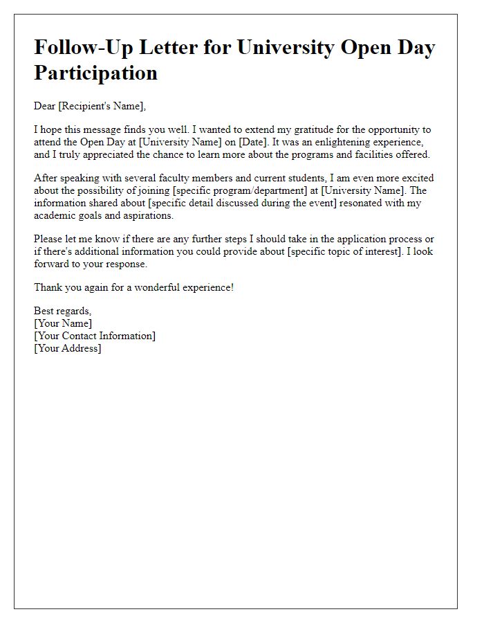 Letter template of follow-up for university open day participation