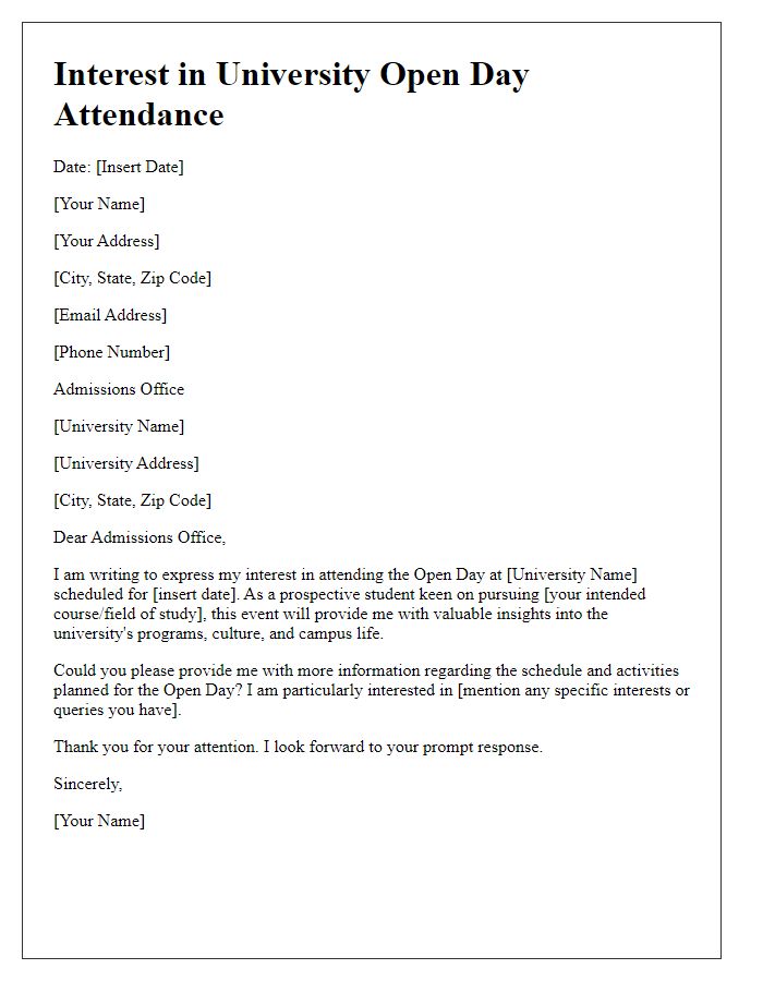 Letter template of interest for university open day attendance