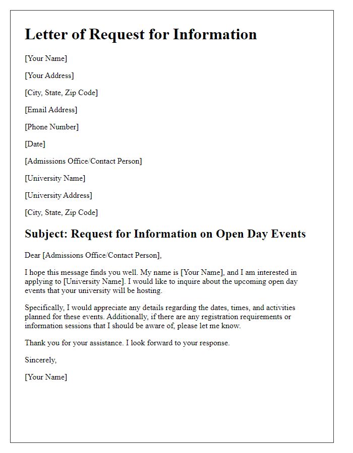 Letter template of request for information on university open day events