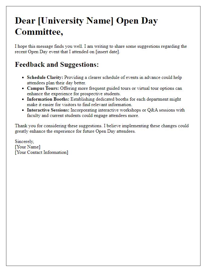 Letter template of suggestion for university open day improvements