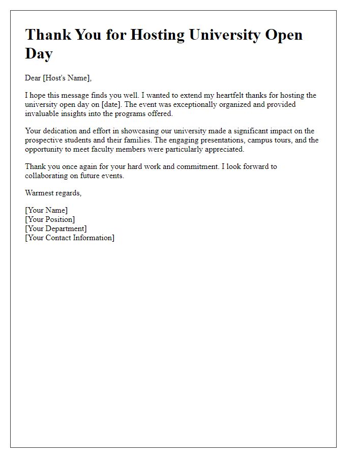 Letter template of thank you for hosting university open day