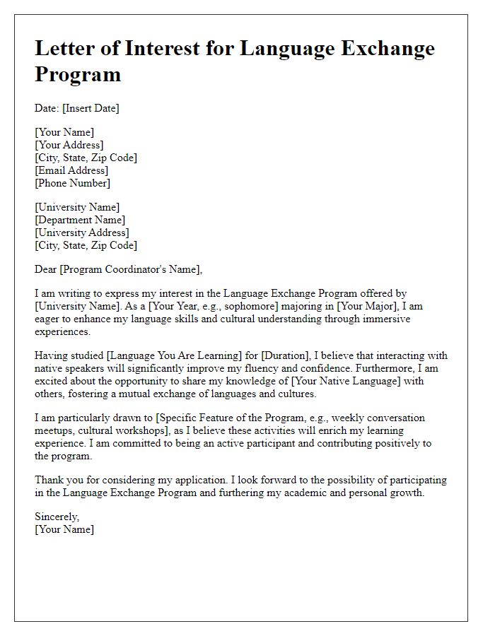 Letter template of expressing interest in university language exchange program.