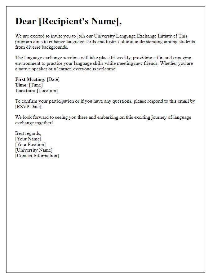 Letter template of invitation to join university language exchange initiative.