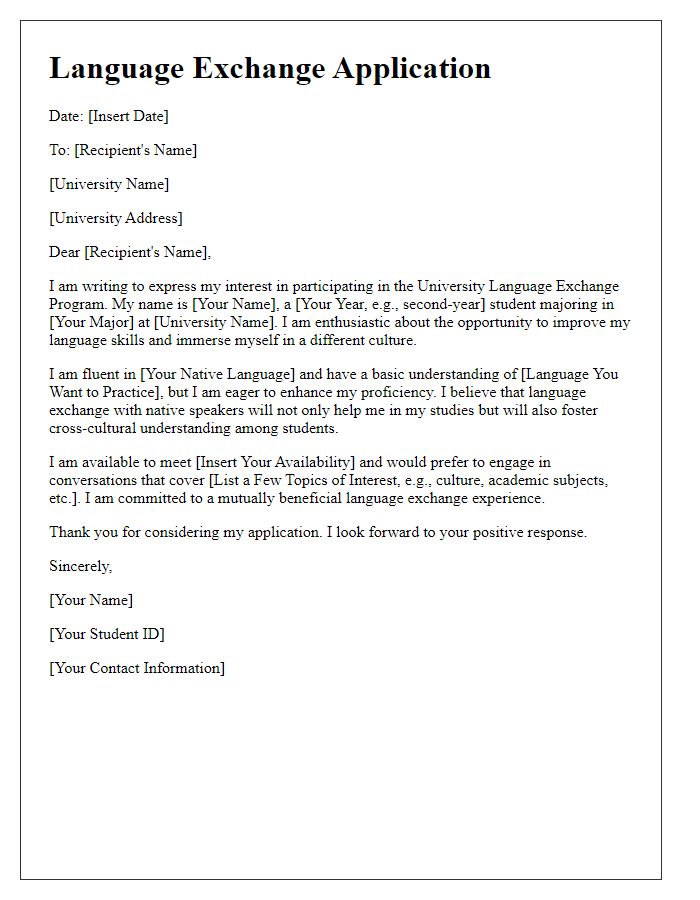 Letter template of university language exchange application.