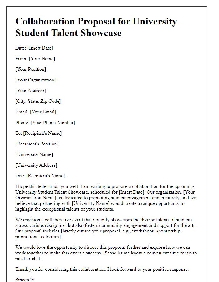 Letter template of collaboration proposal for university student talent showcase.