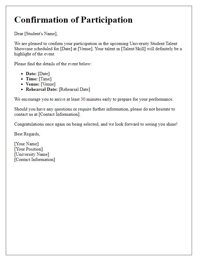 Letter template of confirmation for university student talent showcase.