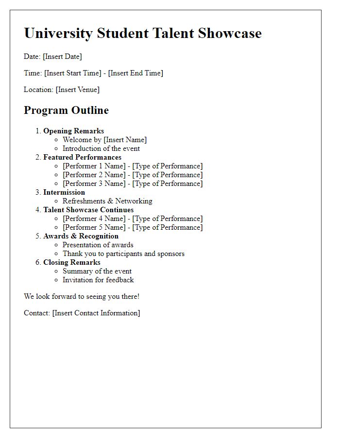 Letter template of event program outline for university student talent showcase.