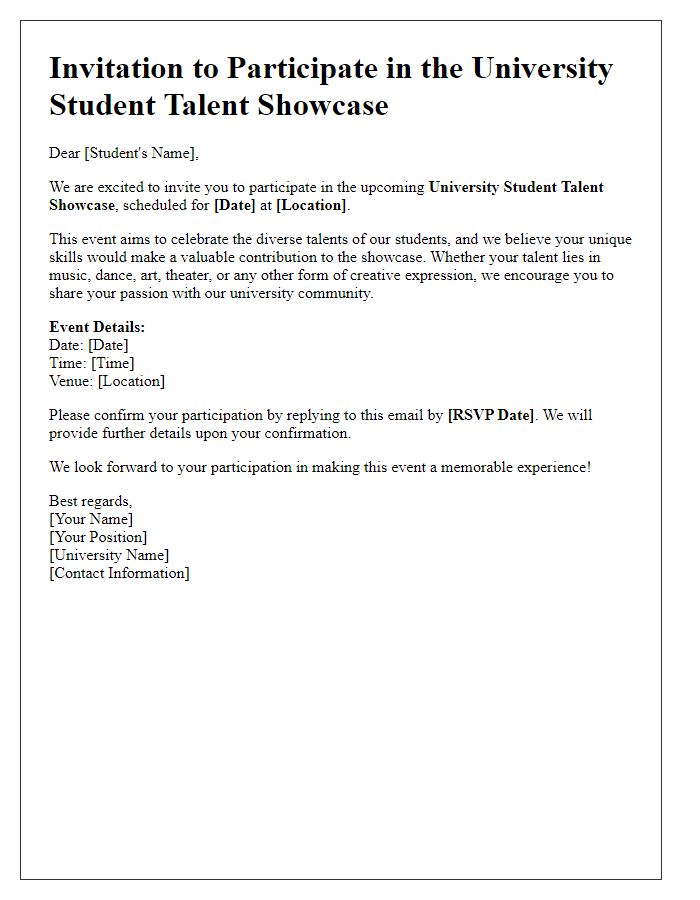 Letter template of invitation for university student talent showcase participation.